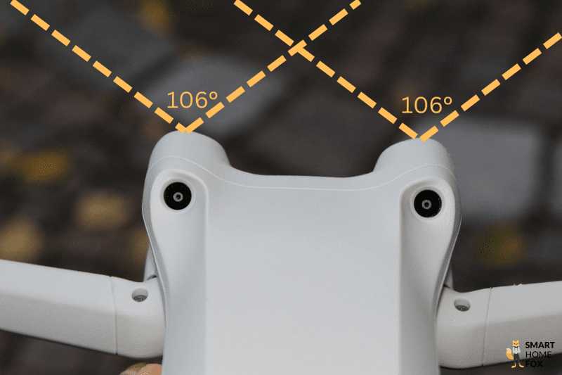 Die vorderen Hindernissensoren der DJI Mini 3 Pro erkennen Hindernisse horizontal in einem 106° Winkel.